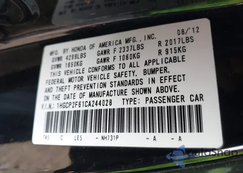 2012 Honda Accord 2.4 Se из США, поврежденный, VIN 1HGCP2F61CA244028